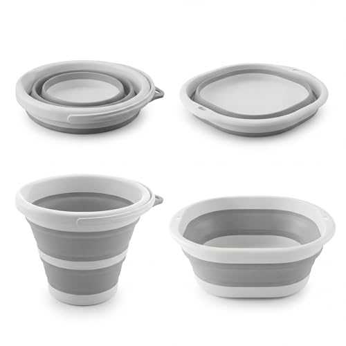Cubo plegable de 5 litros y cuenco de lavado plegable de tamaño mediano, cesta plegable de 5 litros, cubo de limpieza portátil, cuenco plegable para fregadero de camping (gris)