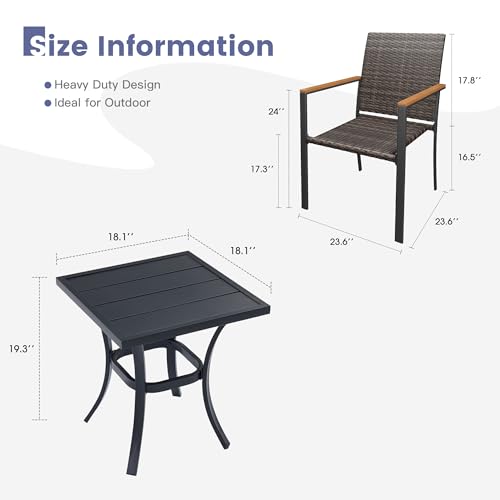 Image of VICLLAX 3 Pieces Small Patio Furniture Set, Square Patio Metal Table and Wicker Patio Stackable Chairs for Porch Yard Garden, Black Tabletop
