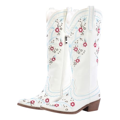 sexytag Women's Embroidered Western Cowboy Boots Floral Embroidery Cowgirl Boots Studded Pointed Toe Knee High Boots