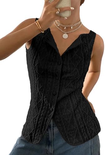 BLENCOT Women's Vest Top Slim Fitted Button Down Knit Vests Stretchy Textured Jacquard Going Out Tops