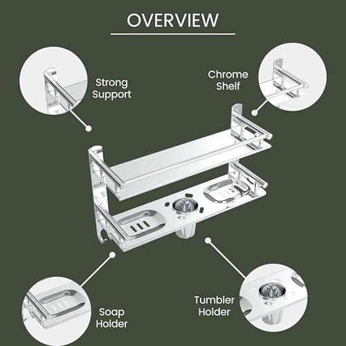 Image of GLOXY Premium Bathroom Stainless Steel Organizer Shelf Rack with Soap Holder & Toothpaste Holder - Multipurpose Bathroom Fittings Accessories Set for Home, Office, Hotels, Restaurants & Hospitals