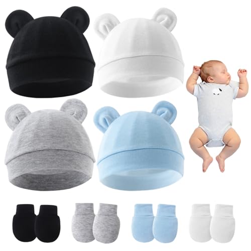 4 Set Newborn Baby Hats and Mittens, Soft Cotton Infant Essentials 0–3 Months, Cute Infant Hats for Boys and Girls2
