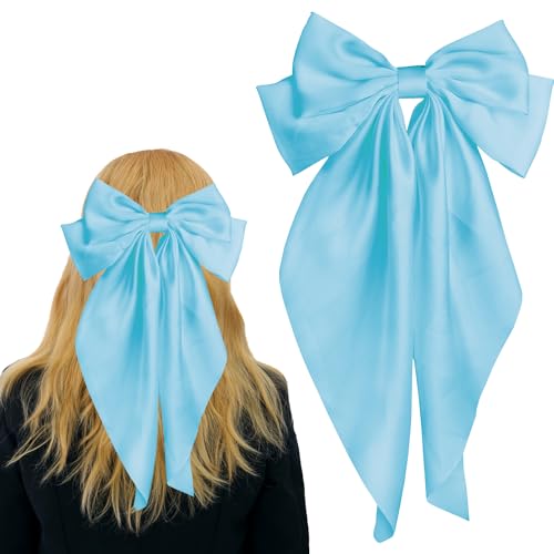 Pufandor Hair Bow Silky Satin Hair Ribbons for Women, Blue Bows for Girls Hair Bowknot Barrettes Long Tails with Clips Big Hair Bows Hair Accessories (Sky Blue 1pc)