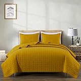 Chezmoi Collection Madrid 3-Piece Mustard Yellow Cotton Quilt Set Queen Size - Herringbone Quilted Lightweight Vintage Washed 100% Cotton Reversible Bedspread Set for All Season