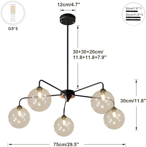Image of 5 Light Black Sputnik Chandelier Mid Century Modern Chandelier with Cognac Clear Glass Globe Shade Pendant Light for Kitchen Dining Room