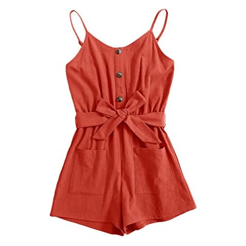 GAMISOTE Girls Romper Strappy Sleeveless Button Tie Front Jumpsuit With Pockets Cover