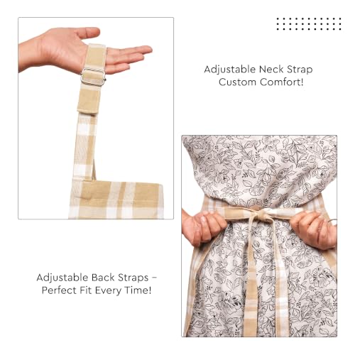 Image of Encasa XO Cotton Cooking kitchen Apron for Women and Men chef apron With adjustable neckstrap, Pocket & Towel Holder for Easy cooking, Baking, BBQ, Gardening- Franca Beige Checks, 68x85 cm