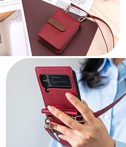 Goospery Wallet Case Compatible With Galaxy Z Flip 4 Case, Detachable Card Holder 2 Card Pocket Storage Premium Pu Leather Adjustable Cross-Body Strap Attached Earbud Cord Organizer, Burgandy #TOP7