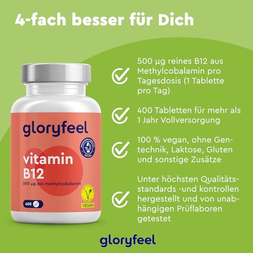 Vitamin B12 Vegan - 400 Tabletten (+1 Jahr) - 500µg B12 Methylcobalamin - Gegen Müdigkeit und Erschöpfung* - Hochdosiert, laborgeprüft, ohne Zusätze & Folat in Deutschland hergestellt