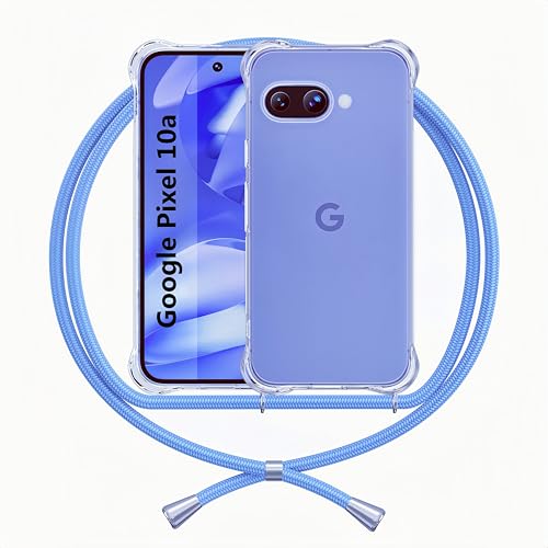 Etui z łańcuszkiem kompatybilne z Google Pixel 10a, przezroczywe etui z paskiem anty-żółknięcie z TPU, wzmocnione narożniki, etui na telefon komórkowy, niebieskie