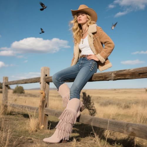 Grakihily Cowgirl Boots for Women Retro Pointed Toe Pull On Block Chunky Heel Fringe Country Concert Outfits Knee High Western Suede and Faux Leather Cowboy Boots — view 2