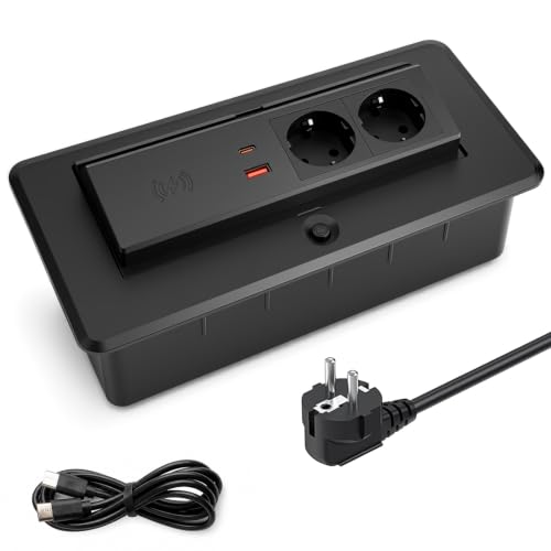 BlueXP Noir Prise Encastrable Pivotante 2 Prises Schuko USB C A Charge | Prise de Table Pivotante Avec 2 Schuko USB-C USB-A Et Charge Sans Fil Câble 1,6 m Pour Bureau Cuisine Et Réunion