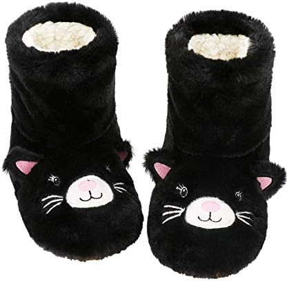 Panda Bros Slipper Socks for Women Cozy Warm Lined Fuzzy Sock Slippers Indoor Booties with Non Slip Grippers(black cat,8-10)