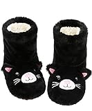 Panda Bros Slipper Socks for Women Cozy Warm Lined Fuzzy Sock Slippers Indoor Booties with Non Slip Grippers(black cat,8-10)