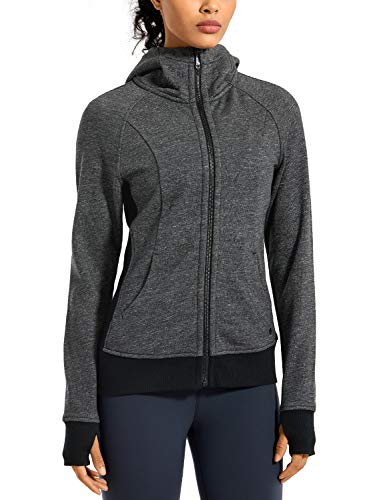 CRZ YOGA Women's Cotton Hoodies Sport Workout Running Full Zip Hooded Jackets Sweatshirt with Thumb Holes Heather Grey Small