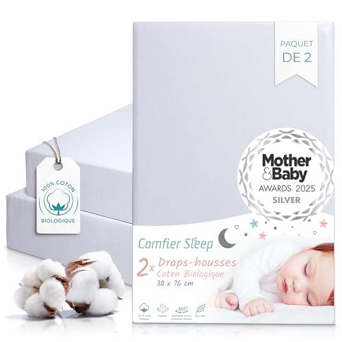 Lot de 2 Drap Housse Cododo 30x76 en Coton Biologique Ultra Doux – Gris pour Lit De Voyage pour Enfants - Drap Housse Nacelle Bébé Confortable – 100%...