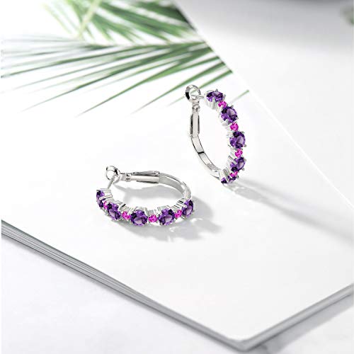 Gem Stone King 925 Sterling Silver Purple Amethyst and Pink Sapphire Hoop Earrings For Women (2.90 Cttw, Round 4MM and 1.9MM, Gemstone Birthstone 1 Inch Diameter)4