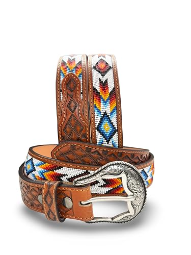 Western Belt for Men Women Full Grain Beaded Leather Cowboy Belt 1.5” Wide With Buckle Handmade Engraved Tooled