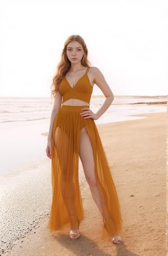 Image of Women Sexy 2 Piece Outfits Dress Chiffon Strap Deep V Neck Bra Crop Top High Split Maxi Dresses Skirt Set