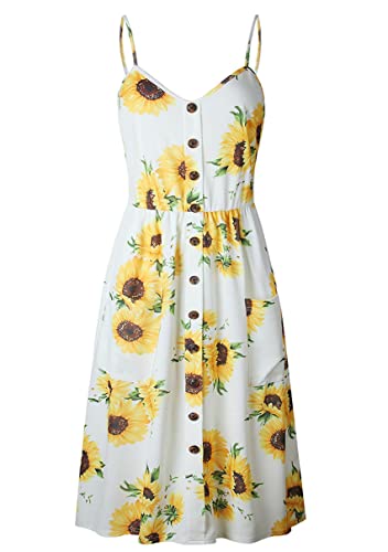 Image of YMING Womens Summer Spaghetti Strap Dresses Button Down Floral Sundress High Waist Swing Midi Dress with Pockets