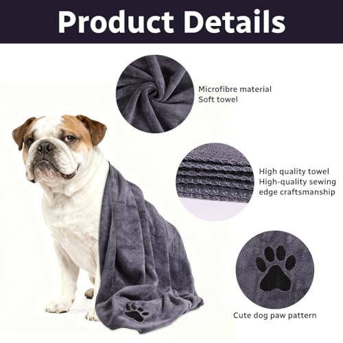 Adiwo 2 Stück Hunde Handtuch, 100 * 50 cm Hundehandtuch Extra saugfähig, Schnelltrocknend Haustier Mikrofaser Handtücher, Geschenk Geeignet für Hunde Katzen Oder Andere Haustiere, Grau