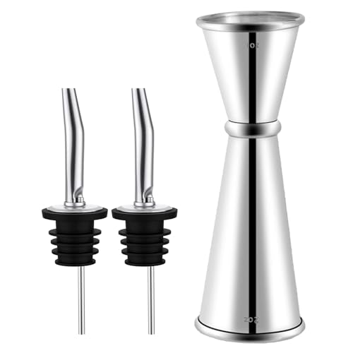 Pafusen Jigger für Barkeeper mit 2 Ausgießern Japanische Jigger mit 5 Messungen innen Jigger 57 g 28 g Schnapsmessbecher Bar-Jigger Barkeeper-Zubehör (Silber 1 Jigger + 2 Ausgießer)