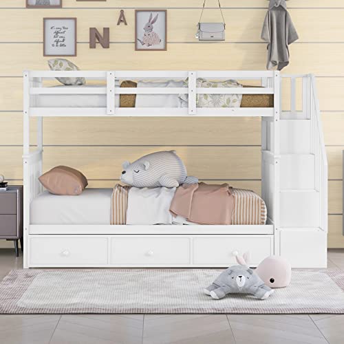 Harper & Bright Designs Twin Over Twin Bunk Beds With Storage Drawers And Stairs Wood Bunk Bed Frame For Kids Boys Girls Teens, White #TOP2