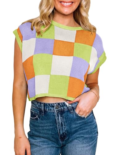 Image of Saodimallsu Womens Cap Sleeve Crop Tops Summer Color Block Going Out Crew Neck Knit Trendy Casual Sweater