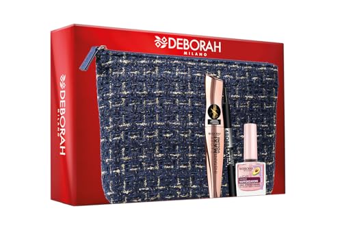 Deborah Milano - Set Regalo Donna Pochette Occhi, Include Mascara Instant Maxi Volume con Ceramidi, Eyeliner 48 Ore Extra Black e Smalto Trattamento Rafforzatore 8.5ml, n.6
