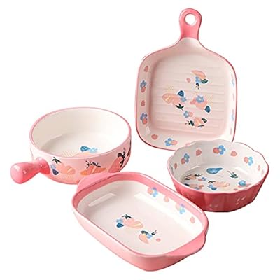 Bicuzat Pink Flower Pattern Ceramic Dinner Plates Set Dinnerware Set 4 PCS Plates and Bowls Set Suitable for Indoor and Outdoor Use for Girls Women