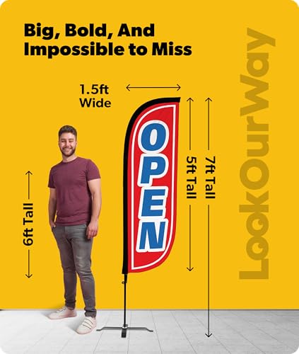 Image of LookOurWay Feather Flag Set - 5ft Tall Advertising Banner Flag with Pole Kit and X-Stand for Business Promotion - Open Red /Blue