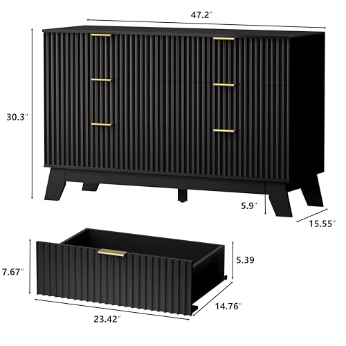 Image of HUANLEGO 6 Drawer Dresser for Bedroom, Black Fluted Dressers Chest of Drawers with Gold Handle, Wood Mid Century Modern Dressers for Closet, Bedroom Dresser Storage Organizer for Living Room, Hallway