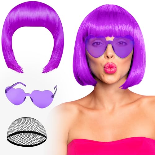 Image of PLULON Purple Bob Wig and Sunglass Set, Neon Funny Short Bob Wig Sunglass Pack Colorful Hairpieces Fancy Dress Cosplay Costume Accessories for Women Bachelorette Party Favors, Halloween Decorations