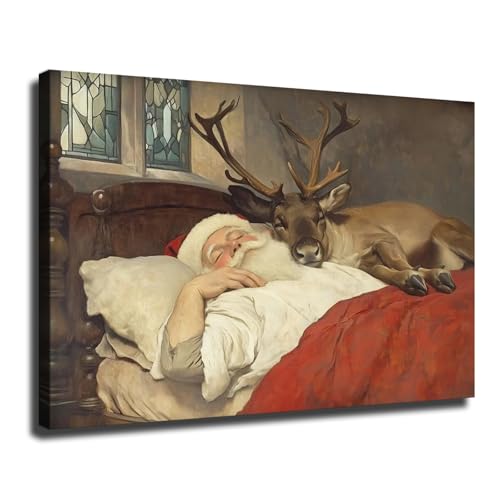 Santa Claus with Reindeer Wall Art, Christmas Santa Sleeping in bed Framed Poster, Snowy Forest Decor Ready to Hang For Living Room Bedroom (Framed,12×18-inch)