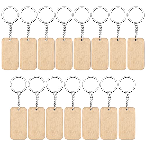15 Pezzi Portachiavi in Legno, Fai-Da-Te Portachiavi Legno Vuoto con Anello Diviso, Personalizzato Naturale Rettangolare Legno Portachiavi per Chiavi Donne Uomini Regalo Decoro (Rettangolo con Catena)