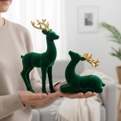 Figurines de renne contre déco de Noël fade : statue cerf résine verte floquée 24,9 cm - 2