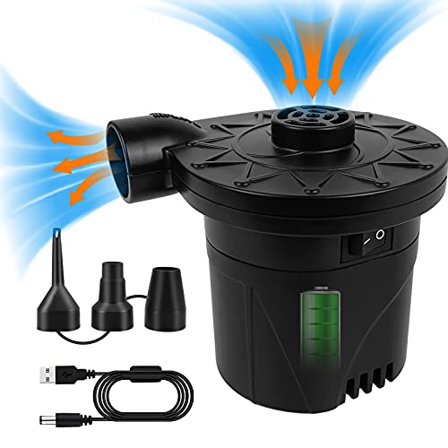 BLUELF Rechargeable Electric Air Pump for Inflatables Portable Battery Air Pump for Pool Floats Air Mattress Airbed Paddling Pool Snow Tube, 3 Nozzles