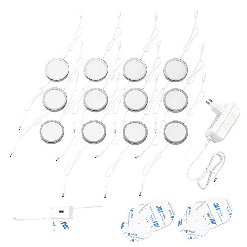 Preisvergleich Produktbild EShine Puck-Unterbauleuchten mit Handbewegungs-Sensor - Runde LED-Schaltschrankbeleuchtung - Dimmbar - 12-Packung, Kaltweiß (6000K)