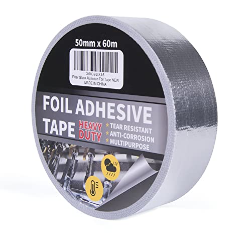 TAPEBEAR Cinta Adhesiva De Aluminio Reforzada - Con Refuerzo De Malla De Fibra De Vidrio, Cinta De Aluminio Aislante Alta Temperatura, Para Sellar O Reparación, 2inch x 65yard (50mmx60m), Plata