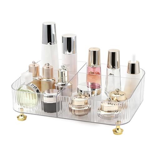 DASITON Makeup Organizer Countertop for Vanity, 5 Slots Makeup Brush Holder Organizer, Vintage Makeup Perfume Tray Cosmetic and Skincare Organizers for Bedroom Bathroom Counter, Desk Storage (Green)