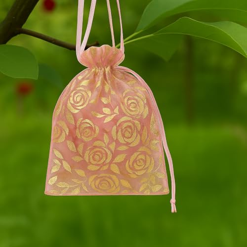 Image of XCLUSY 50PCS (13X18CM)(5x7 inchINCH) Potli Bags for Gifting - Multipurpose Wedding Return Gift Bags | Party Favour, Birthday, Anniversary, Festive Packing Pouches | Organza, Cloth, Brocade, Fancy Luxury Goodie Bags (LIGHT PINK PRINTED, 1 Count(Pack of 50))