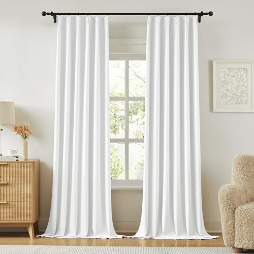 KangBang 2PCs White Pinch Pleat Wide Drapes for Sliding Door 105 Inches Long, Room Darkening Privacy Assured Polyester Cozy Curtains Ceiling to Floor for Locker Room Living Room Basement,60Wx105L