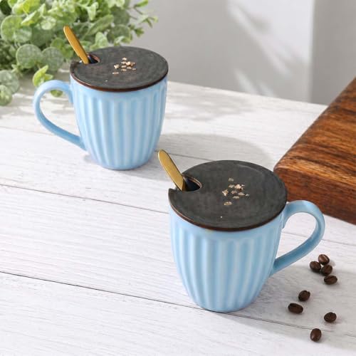 Image of The Earth Store Pastel Glam SkyBlue Coffee Mug with Lid and Spoon Set of 2 | 300ML Ceramic Coffee Mugs Set of 2 | Resin Art Wooden Lid & Golden Spoon | Premium Coffee Mugs for Gift
