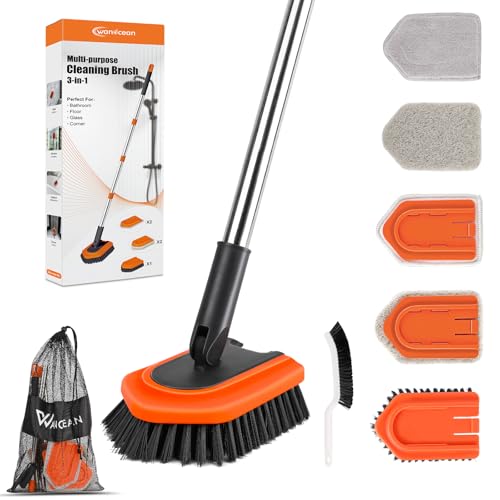 Brosse de Nettoyage 3 en 1 Brosse Salle de Bain avec Long Manche, Brosse à Récurer de Douche, 4 Différentes Brush pour Salle de Bain, Baignoire, Sol, Mur,...