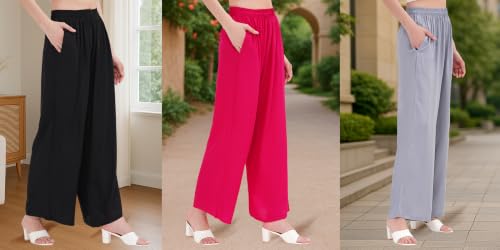 Image of Buy That Trendz Palazzo Pants for Women Rayon Elasticated Regular Fit Flared Wide Leg M to 6XL Pack of 3