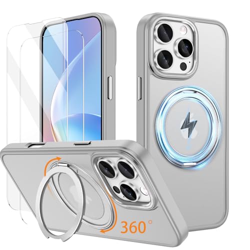 IMEIKONST Magnetica Custodia per iPhone 16 Pro con 360° Rotante Anello Supporto Cavalletto, Traslucido Opaca Custodia Protezione Sottile Antiurto Cover per iPhone 16 Pro. Grigio JSZJ