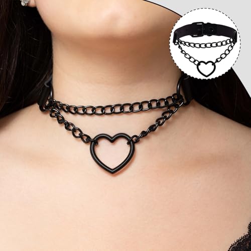 Herz Chocker Halsketten Kreis,Punk Choker Kette,Herz Charm Verstellbare Kragen Halskette,Elegant Halsband Damen,Lederhalsband,Collar,Gothic Schmuck,EMO Accessoires,Joker Kette,Rocker Outfit (Schwarz)