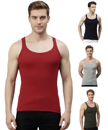 Image of Lux Cozi Men's Gym Vest | 100% Pure Cotton Rib Fabric | U Neck Sleeveless Innerwear | Ultra Soft Hand Feel | Extremely Stretch Fit - Style 777 - Color May Vary (Pack of 4)