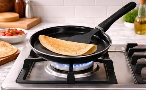 Image of Cast Iron Fry Pan with Handle Non Stick Multi Purpose Tawa for Gas and Induction Kitchen Cooking Daily Use Black Free Size