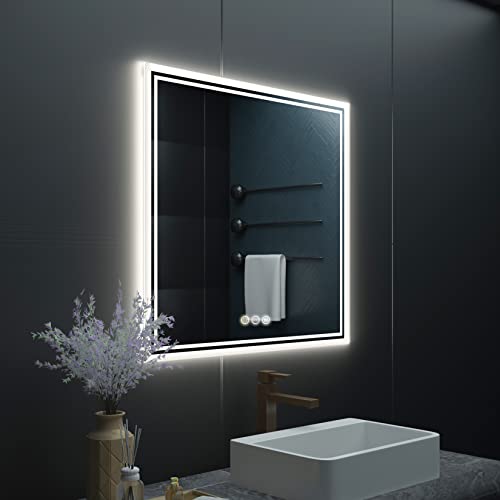 LUVODI Espejo Baño con Luz 80x80: Espejos de Baño Cuadrado Antivaho Pared con Doble Tira de Luz Interruptor Tactil para Casa Lavavo Tocador Vestidor Bathroom Mirror Inteligente Moderno Espelho Banho